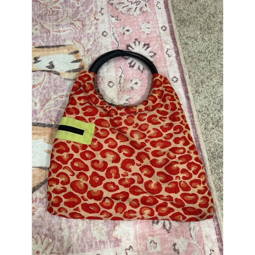 Orange Red Leopard Print Tapestry Hobo Bag Round Handles Boho Funky Maximalist‎